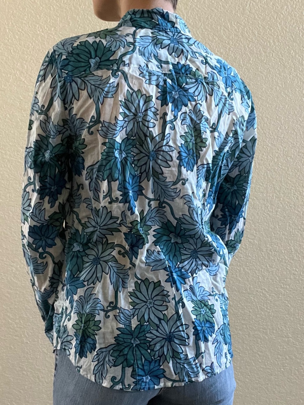 Vintage y2k Casual Blue Floral cotton Button-Up long sleeve Shirt blouse - Picture 2 of 3